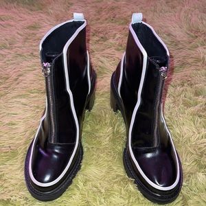 Shellys London Black and White Patent Contrast Chunky Boot W/ Zipper detail
